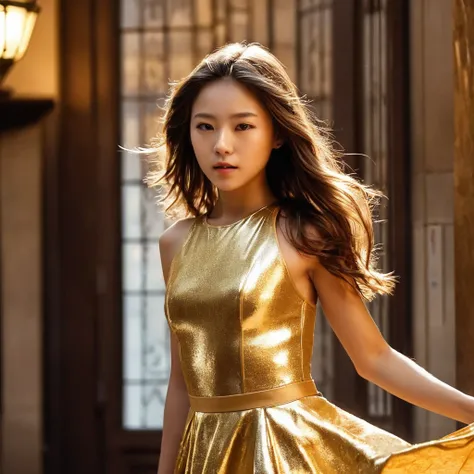 Ultra vision、Palace of Gold, professional photographgraphy style, Ultra Sharp, Perfect composition, Perfect focus, 72K Ultra Resolution, photograph, Cinematic, Poster、A 15-year-old girl in a gorgeous golden dress、