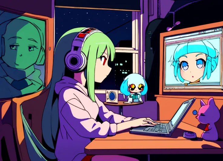 Anime girl sitting at a table with a laptop and headphones, Night view from the window, zeroガール, Praise the art style, Portrait of Rofi, Lofi Art, L&#39;official Sensation, zero, zeroバイブ, Chill Hop, The Lo-Fi Girl Aesthetic, Lo-fi art, zeroカラー, Lo-fi style...