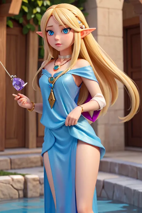 a blonde girl with long hair, sparkling blue eyes and elf ears holds a necklace with a large magical amulet sparkling with purple chlorine on her neck