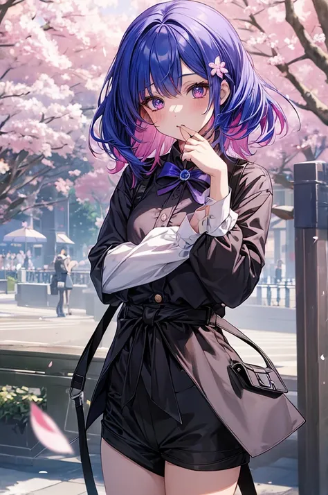 1girl, holding up a sapphire blue flower over her mouth, black pink hair ombre, park with cherry blossom background, harajuku style fashion, waist up, black outfit, short pants