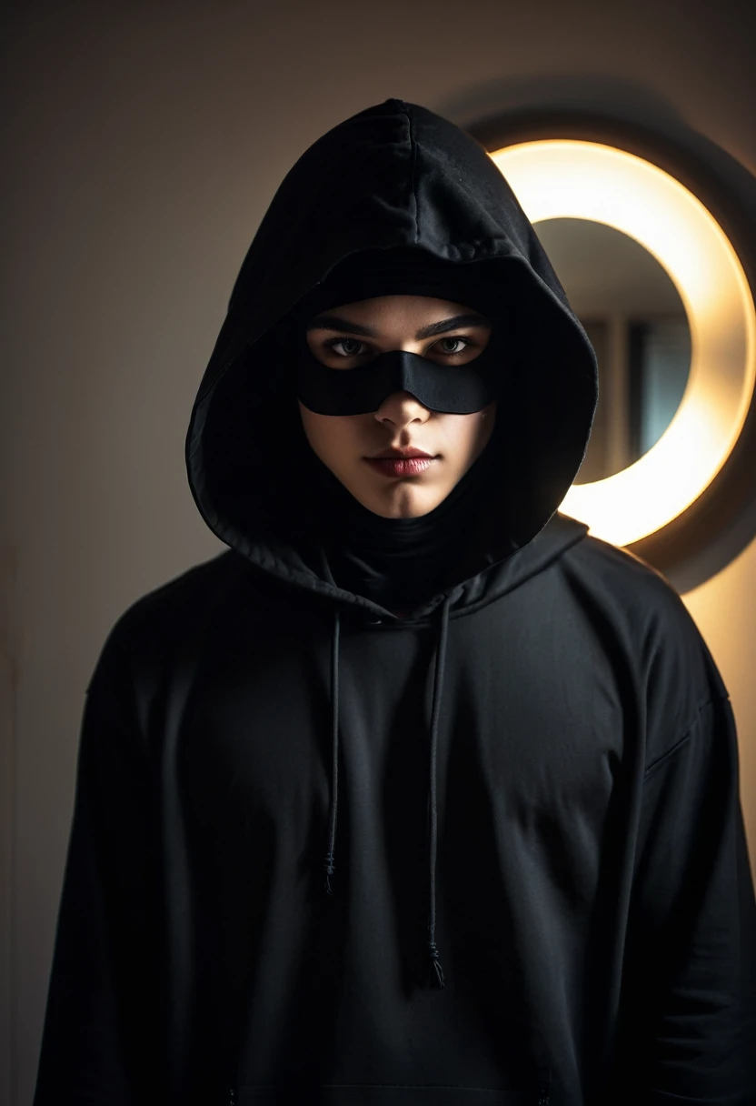 character with a black hood, and a lighted mirror as a face