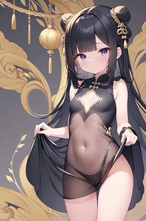 chinese bun black short hair,bun cover,_((dress lift Transparent see-through china dress)), long dress,tight mini skirt, gold decoration dress, sleeveless, ultra detailed dress,cleavage, cleavage cutout, clothing cutout,,((NSFW))　((hentai))Long black hair　...