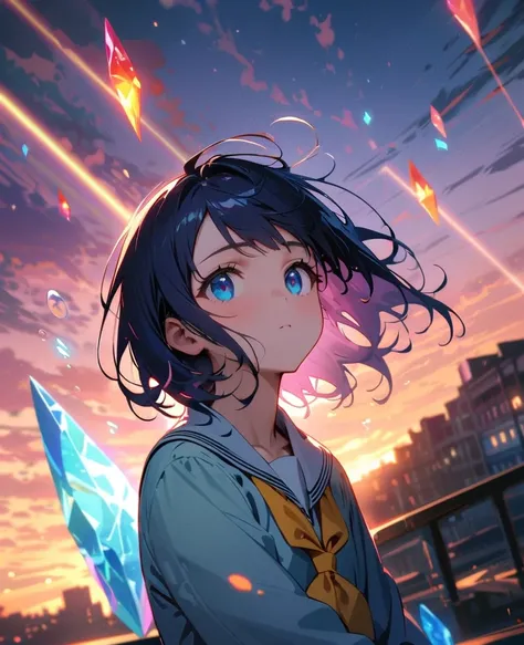 (girl,(tween,wavy short hair, darkblue hair, floating hair, cosmic colored eyes, school-uniform, pale skin, tired face,blue eyes is looking up at the sky), (so many tropicalfish are swimming in the air), beautiful sky, beautiful clouds, summery colorful fl...