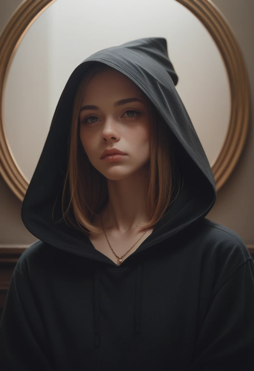 character with a black hood, and a lighted mirror as a face