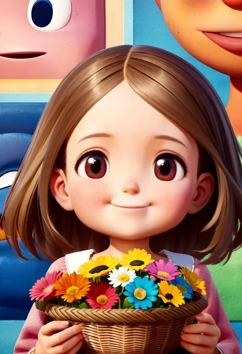 (Pixar style: 1.25) Portrait of a little girl, Natalie Portman, Smile, Waist length，Bring a flower basket, Natural skin texture, 4k textures, Human Development Report, complicated, Very detailed, Clear focus, Feeling, Ultra Detailed