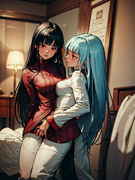 (​masterpiece、top-quality、hight resolution、Unity 8k Wallpaper、extremely details CG:1), The film describes a scene in which two women are beginning a lesbian sexual act together on a bed in a private room. The young woman, nervous for the first time, is bei...