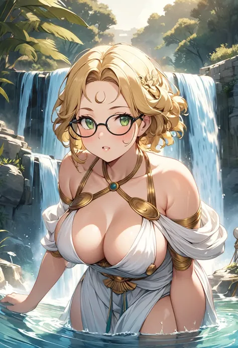 chubby girl, Blonde with green eyes, medium length hair, open forehead, round facial features, glasses with black square frames 
Greek goddess, Greek style of dress, ancient Greece,sexy, open hips, open breasts 
water, waterfall, antiquity 