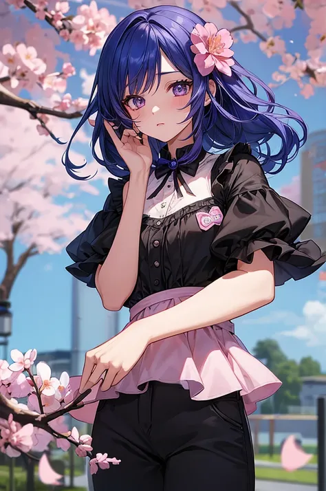 1girl, holding up a sapphire blue flower over her mouth, black pink hair ombre, park with cherry blossom background, harajuku style fashion, black outfit, short pants