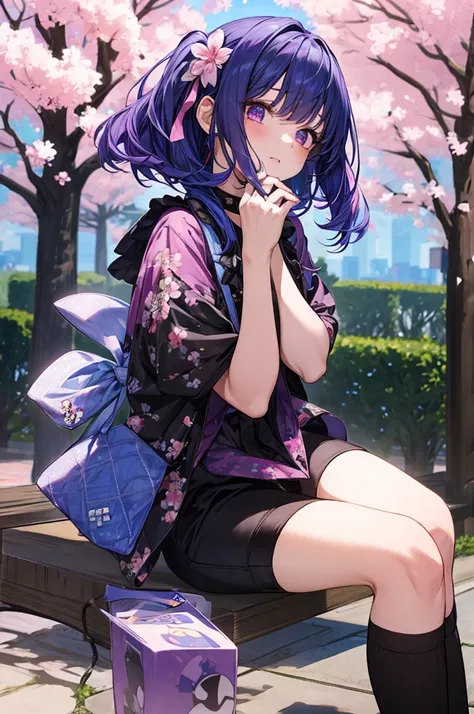 1girl, holding up a sapphire blue flower over her mouth, black pink hair ombre, park with cherry blossom background, harajuku style fashion, black outfit, short pants