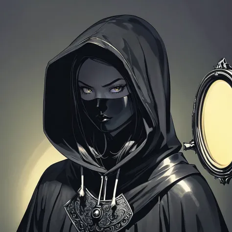 character with a black hood, and a lighted mirror as a face