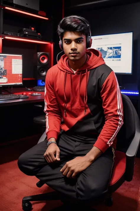 The 19-year-old dedicated Indian boy is looking ahead and sitting on a black gaming chair with red highlights, wearing a modern red hoodie. Oh, he is in a big studio, wearing headphones, with a setup alongside the entire studio.