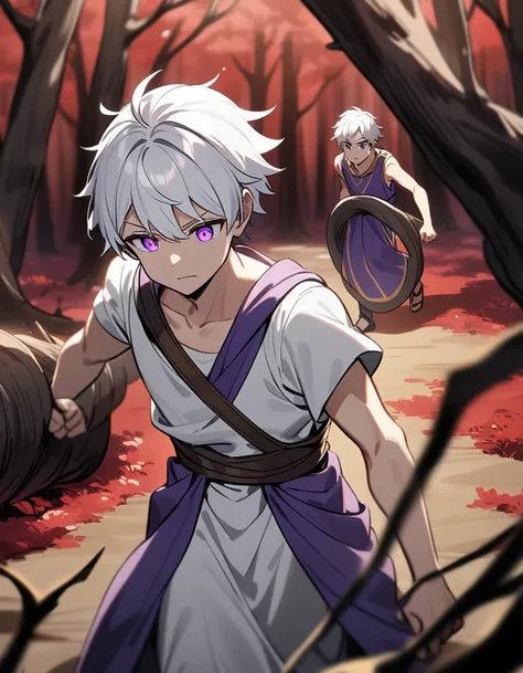 small Greek boy with white hair, violet eyes, in Greek clothes, training exhaustively pushing a big purple one in a red forest and dead trees