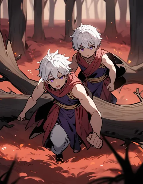 small Greek boy with white hair, violet eyes, in Greek clothes, training exhaustively pushing a big purple one in a red forest and dead trees