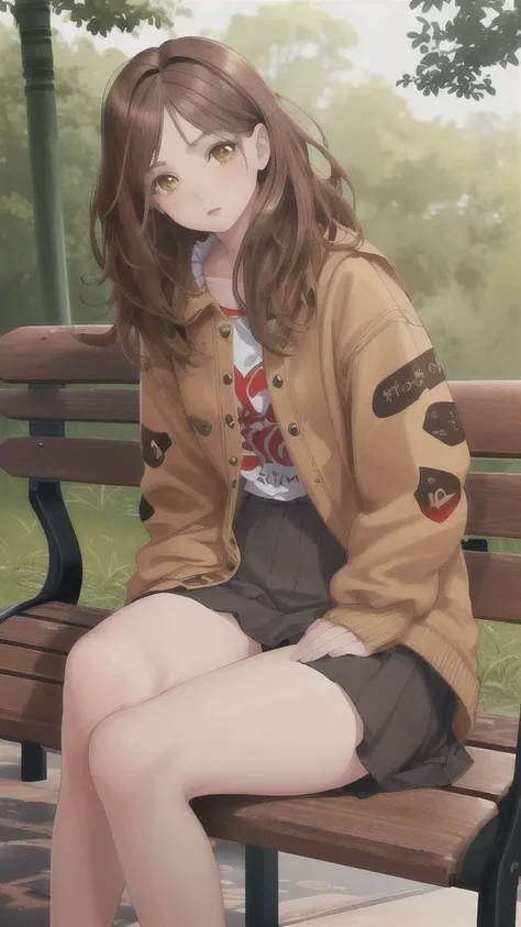 realistic image, coherent image, detailed image, 1girl‚ brown eyes‚ beautiful eyelashes‚ (brown hair)‚ (brown hair curtos), (brown hair curtos e cacheados), (Messy hair)‚ outfit, sitting on a bench, seios grandes, coxas grossas‚ vibrant colors, lineart