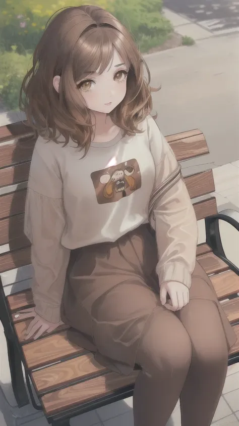 realistic image, coherent image, detailed image, 1girl‚ brown eyes‚ beautiful eyelashes‚ (brown hair)‚ (brown hair curtos), (brown hair curtos e cacheados), (Messy hair)‚ outfit, sitting on a bench, seios grandes, coxas grossas‚ vibrant colors, lineart