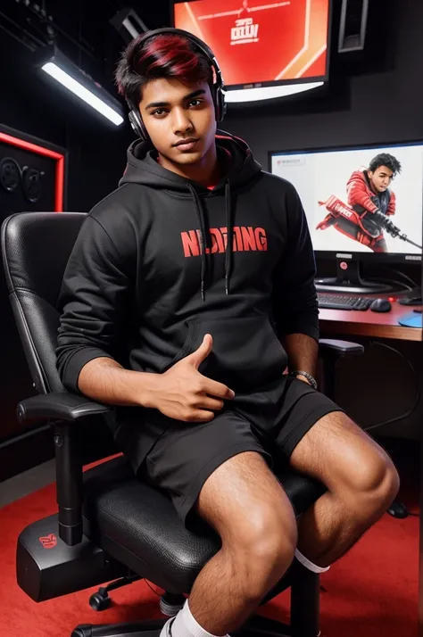 The 19-year-old dedicated Indian boy is looking ahead and sitting on a black gaming chair with red highlights, wearing a modern red hoodie. Oh, he is in a big studio, wearing headphones, with a setup alongside the entire studio.