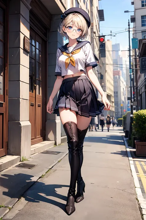 Best quality, Masterpiece, white thighboots, pleated skirt, sailor uniform, beret, glasses, short hair, medium breasts, cleavage, full body, city, high heels boots, navel