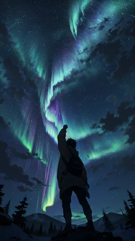 A  looking up at the sky with comets, the aurora, the full moon, a mysterious world, a divine world,