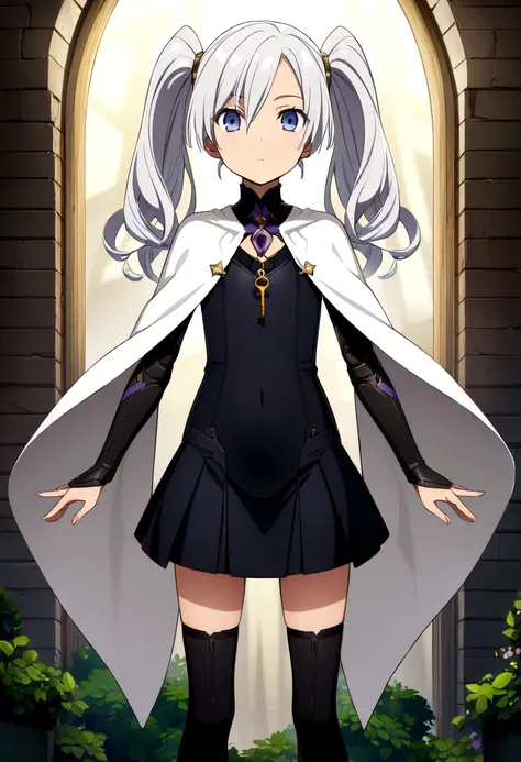 Android Heroine、Highly detailed official artwork、Best anime 4k konachan wallpaper、Kschaert Krentz Key Art Feminine、Silver hair twintails、Long Hair、Hanging eyes、Closed Mouth、14 years old、Flat Chest、White poncho、Black tight mini skirt、Black Stockings