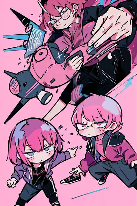 black pants, Sharp image, man, pink hair, wearing a pink jacket. , has a dull, bored face, wears round glasses, has short, neat hair,