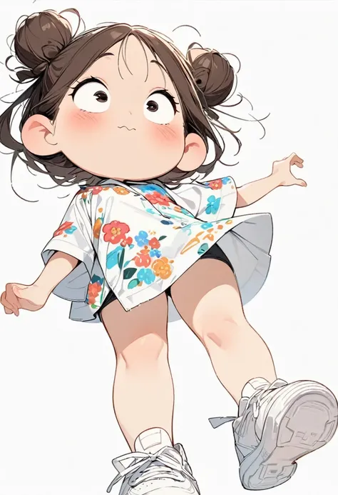 (masterpiece, highest quality:1.2), Cartoon style character design。Pure white background，1 girl, alone，Big eyes，Cute expression，Two buns hair，Floral Shirt，Work clothes，White sneakers，stand，interesting，interesting，Clean Lines，Solid color background，Vibrant ...