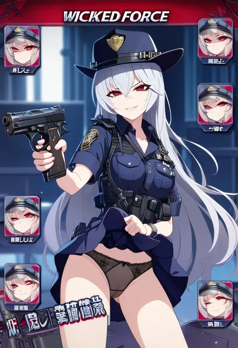 NSFW,1girl,Fox ears,Silver Hair,Red eyes,Slit eyes,Trimmed long hair,high school girl,Police uniform,Police hat,Wicked Smile,Mobile Task Force Equipment,Character portrait,Combat movement,Image illustration,,full Art,Normal breasts,skirt lift,Black see-thr...