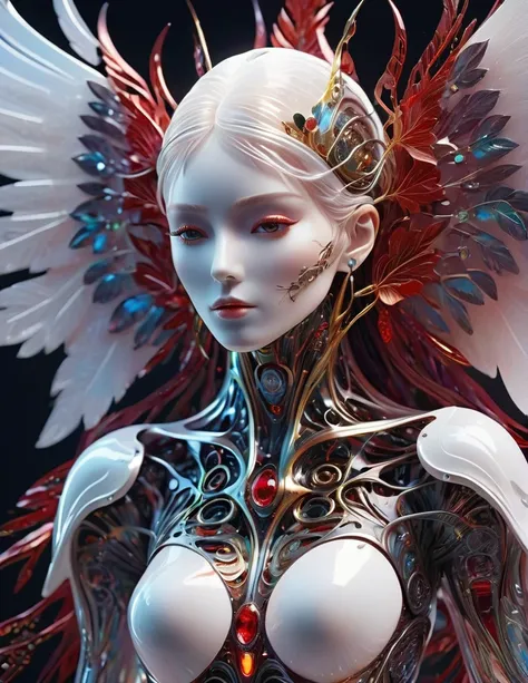 Complex 3d rendering ultra-detailed beautiful angel of death, biomechanical robot, simulated 150mm shot, beautiful natural soft edge light, crystal , roots, delicate leaf lace, colorful details, pearl earrings, piercings, Art Nouveau fashion embroidery, in...