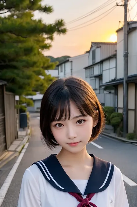 (1 Girl )、(Beautiful Japanese、18years old,round face、Refreshing、clear、seems kind、stylish、Pitiful、cute like an angel、cute、black eyes、,actress,Almond-shaped eyes,Translucent white skin、Beautiful skin,short bob hair), {(Japan human face:1.4)} , (((Beautiful b...