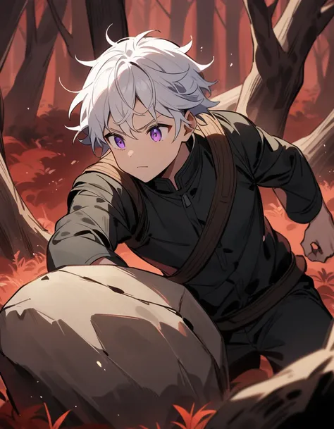 small Greek boy with white hair, violet eyes, training exhaustively pushing a large stone in a red forest and dead trees