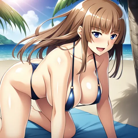 score_9, score_8_up, score_7_up, masterpiece, best quality, source_anime, game cg, aoi nagisa, BREAK solo, 1girl, koukawa asuka, brown hair, long hair, blue eyes, bangs, large breasts, slingshot swimsuit, shiny skin, BREAK smile, blush, open mouth, all fou...