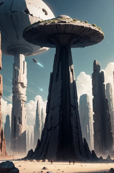 a vast alien landscape, an alien city with towering spires, a group of alien humanoids in colorful robes, detailed alien flora and fauna, glowing alien technology, a binary star system in the sky, a massive floating crystal structure, highly detailed alien...