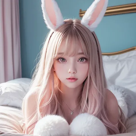 Beautiful illustrations, Highest quality, pretty girl, Bedroom, pastel colour, Fluffy bunny ears, , Silver long hair, Stuffed rabbit, Bright lighting, Pale pink eyes