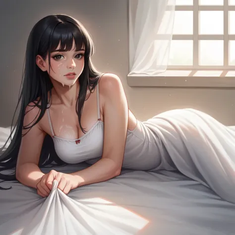 beautiful girl with realistic black eyes, pale skin, mid-length black hair, cum on perfect face, perfect eyes, wearing sheet sundress, highly detailed, comprehensive cinematic, digital painting, 8k, cinematic lighting, best quality, highres, detailed work,...