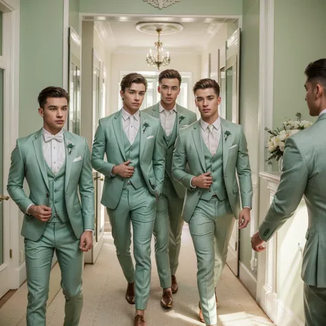 Three 25-year-old boys, with a masculine appearance, wearing a pastel green suit , like groomsmen . The scene depicts a masterpiece of art, showcasing the boys professional and wealthy lifestyle. The image is of the best quality, with ultra-detailed featur...