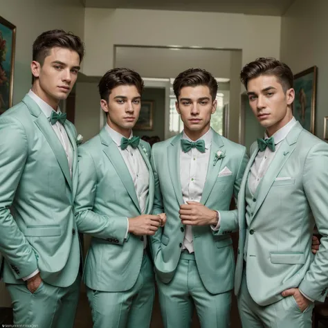 Three 25-year-old boys, with a masculine appearance, wearing a pastel green suit , like groomsmen . The scene depicts a masterpiece of art, showcasing the boys professional and wealthy lifestyle. The image is of the best quality, with ultra-detailed featur...