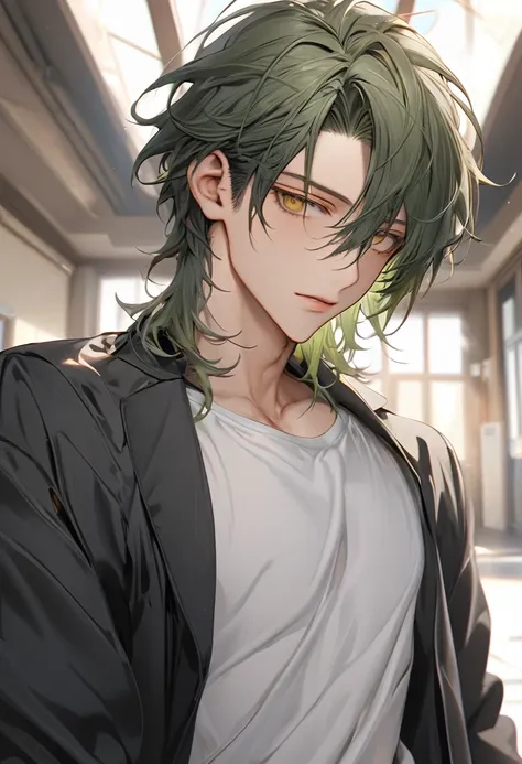 A highschool boy, handsome, perfect body, green tea hair, short hair, mullet, golden eyes, upturned eyes, expressionless, black jacket, white shirt, anime, first-person view, masterpiece, anatomically correct, high details, highres, best quality, super det...