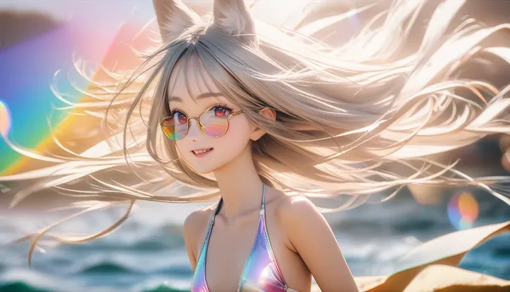 best quality, 8K, original photo, Ridiculous, Extremely detailed, Fox ears，baby face, No makeup, Pleasant smile, slim, Perfect proportion, White straight hair, (wind, wind-effect), Red Eyes, Various visual styles for backgrounds，combines various artistic e...