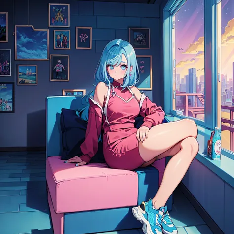 (masterpiece), highest quality, expressive eyes, neon pastel aesthetics, retro 90s, neon color,((girl sitting on sofa,in a cozy ...