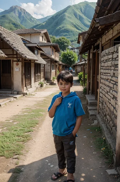 Draw a picture of a boy in the middle of a village, with mountain views, memakai celana pendek dan sendal