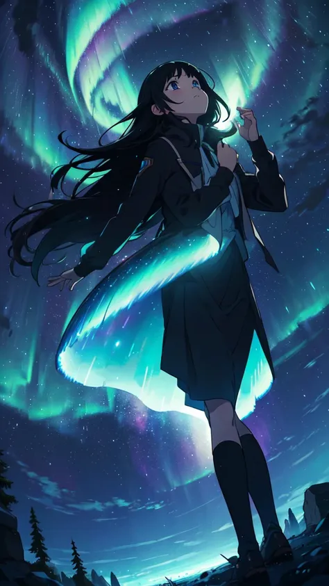  girl looking up at the comet sky, Aurora, full moon, mysterious world, divine world, anime, dynamic pose, happy expression, long black hair