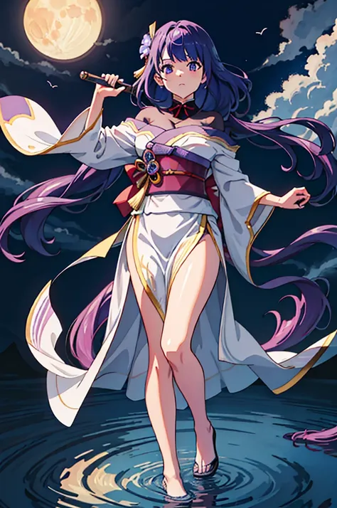 （Scene depicting a woman walking on the surface of a lake）Ripples spreading from the soles of the feet，The lake is very quiet，Like a mirror。She wore a kimono with her long purple hair bunched up，Show me her meaty legs。Her image is very anime-like，Its as if...