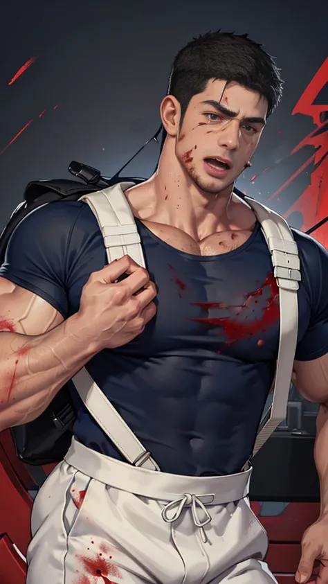 (Create a masterpiece: 1.2),(CGI art:1.3),(realistic:1.5),(After processing:1.3),(Sharp focus:1.3), (man Fight, join in battle:1.5 ), straight, front ,Chris Redfield ,(black hair), smile open mouth, (Wear color navy round neck T-shirt: 1.5), (with a Police...