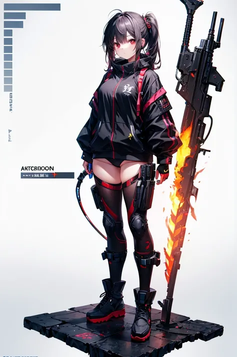 (Tabletop, Highest quality), (Perfect athletic body:1.2), (Fine hair), Super detailed, Anime Style, whole body, Cyberpunk Ninja Girl, Japanese Hairstyles, Red eyes, Wields a giant flaming sword, Standing in the Wilderness, Wear tech boots, 8K high resoluti...