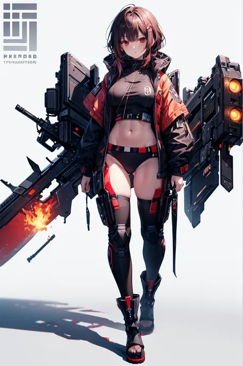 (Tabletop, Highest quality), (Perfect athletic body:1.2), (Fine hair), Super detailed, Anime Style, whole body, Cyberpunk Ninja Girl, Japanese Hairstyles, Red eyes, Wields a giant flaming sword, Standing in the Wilderness, Wear tech boots, 8K high resoluti...