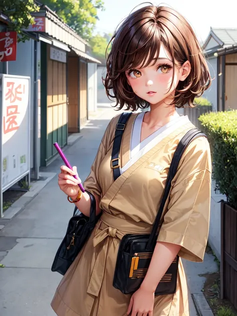 1girl‚ brown eyes‚ beautiful eyelashes‚ (short brown hair), (short brown hair e cacheados), (Messy hair) japanese student outfit, lineart, best qualityer, best details