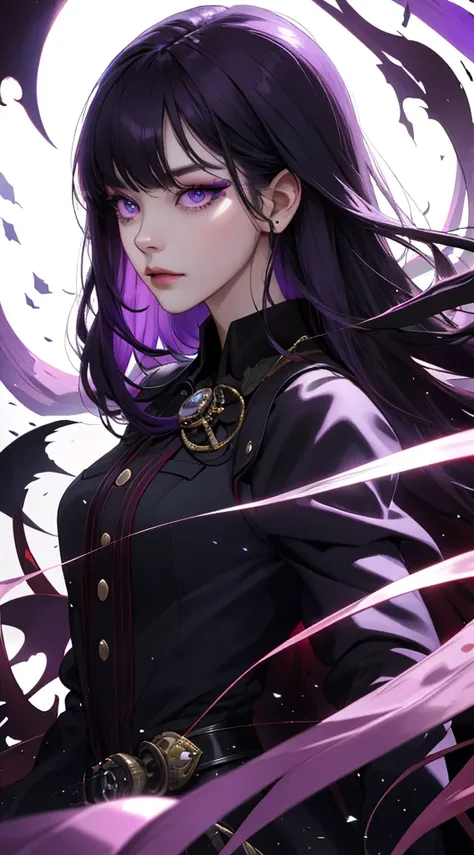 Two-dimensional girl，whaite hair(long whitr hair)(Purple pick dye)(Long and dense),Deep purple eyes(Blurred)(Hazy)(Vertical pupils)(Secret patterns),Light red blush，Long, dense black eyelashes，The demons,skull，nightmare，uncanny，misterious，alienation，Flashy...