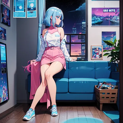 (masterpiece), Highest quality, Expressive eyes, Neon pastel aesthetics, Retro 90s, Neon color,((Girl sitting on sofa,In a cozy room,Records hanging on her wall, Comic books on the floor, Looking out the window behind her at the night city, Upholstered roo...