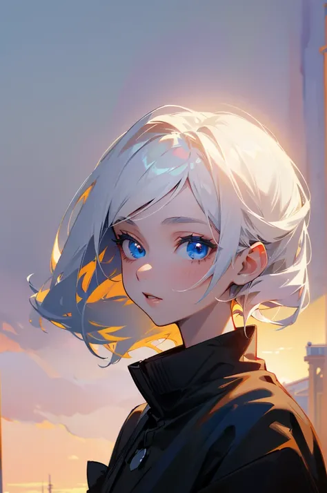 ((masterpiece:1.2, Best quality)), 4k, adult, European face, 1 person, female, Beautiful, small, dark casual wear, White skin, medium white hair, Blue eyes, portrait, sunset
