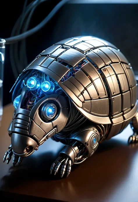 AI Armadillo Robot Placed in the center、Curled up to show off steel armor。 A partially transparent design that allows you to see the internal AI mechanism。Translucent movie stills (Cybernetic robot armadillo:1.5), (Glowing Veins:1.3) (The cable enters the ...