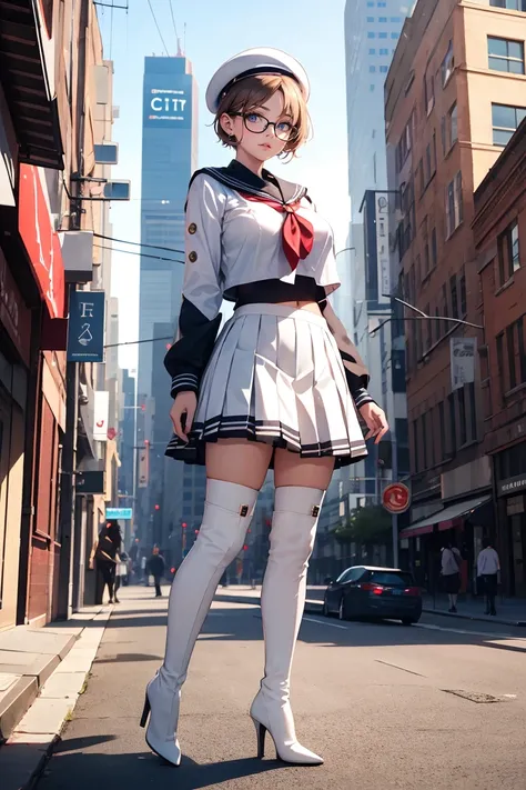 Best quality, Masterpiece, white thighboots, pleated skirt, sailor uniform, beret, glasses, short hair, medium breasts, cleavage, full body, city, high heels boots, navel